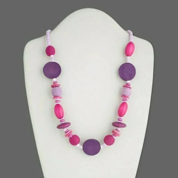 Hand Crafted Pink Purple Ethnic Wood Clam Shell Long Necklace - Picture 1 of 1